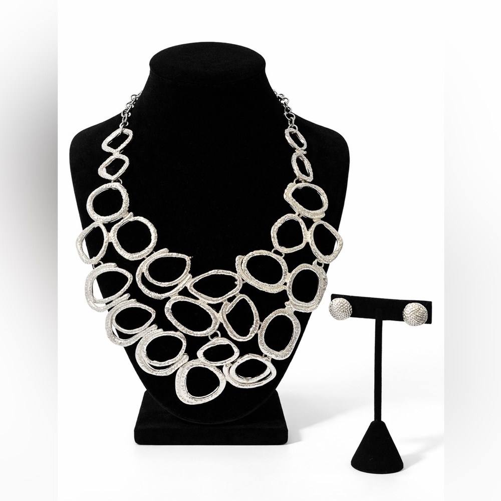 Silver Hammered Statement Necklace Set Modern Bib… - image 3